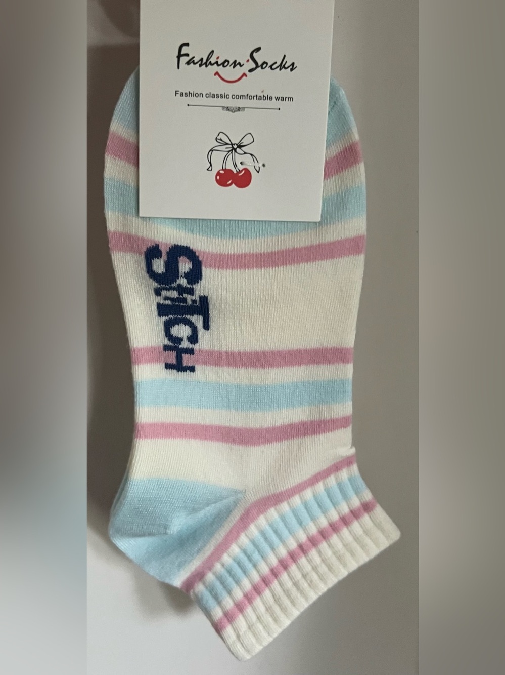Fashion Striped Ankle Socks w/Text - Pastel Pink & Light Blue